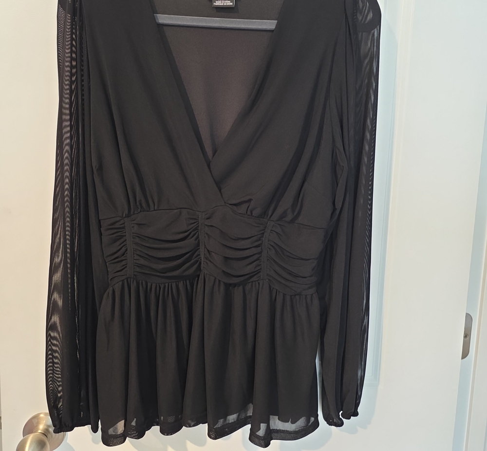 City Chic Black Sheer-Sleeve Peplum Wrap Blouse
